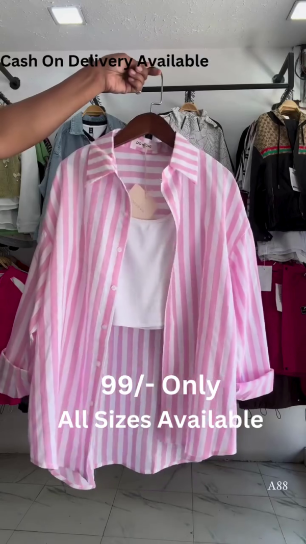 Pink Vertical Striped Opaque Casual Oversized Shirt