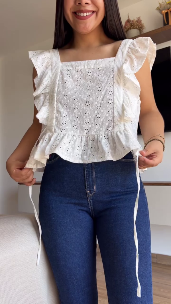 Frenchy Eyelet Embroidery Ruffle Trim Blouse