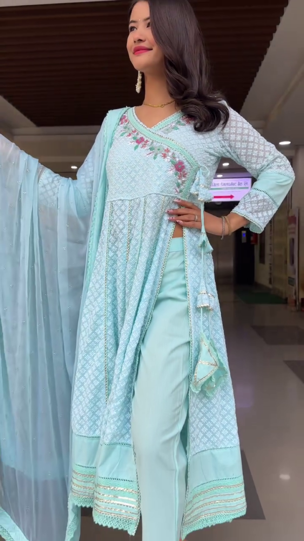 Embroidered Flared Kurta with Pants & Dupatta