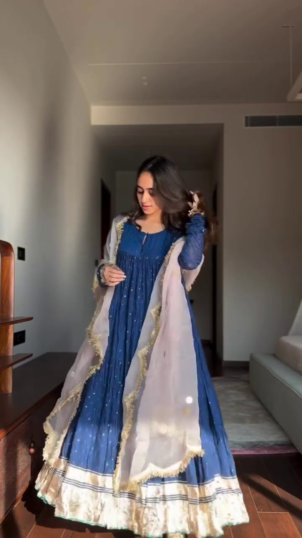 Blue Coloured Embroidered Faux Georgette Floor touch Anarkali Gown with Duppata