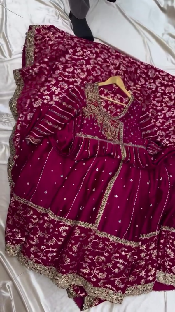 Embroidery Maroon Sharara Set With Duppata For Wedding And Party Wear