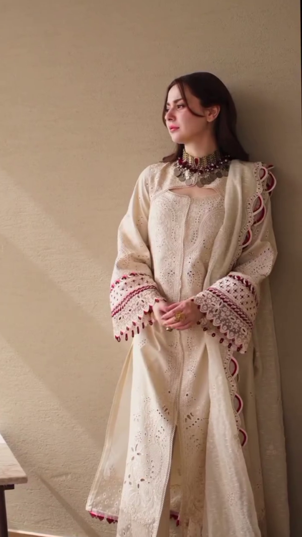 Women Off White Printed & Embroidered Dobby Ethnic Dress with Dupatta